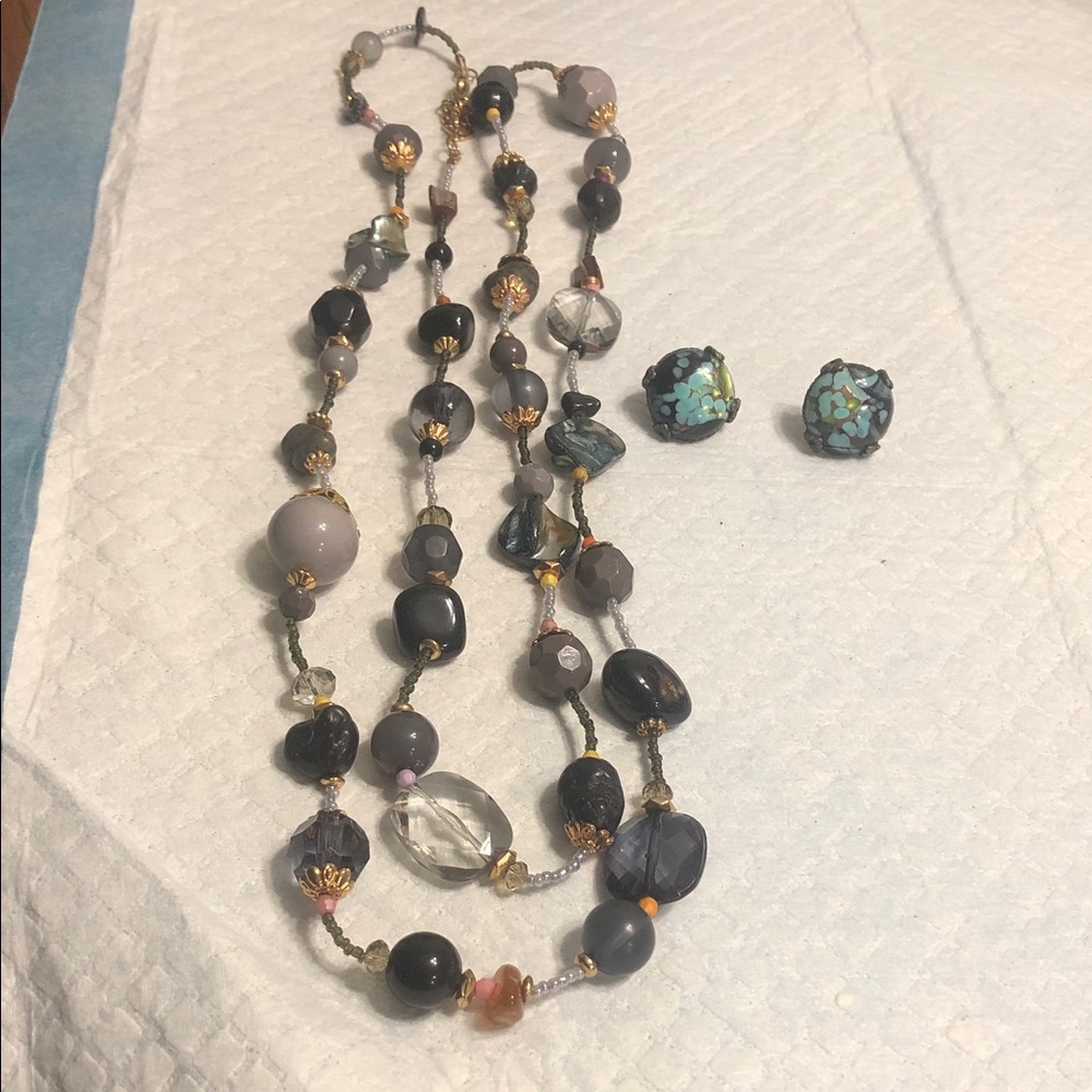 Vintage Gray and Turquoise Women's Bead Necklace with Matching Earrings